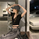 V-Neck Short Sleeve Strap Slim Crop Tops